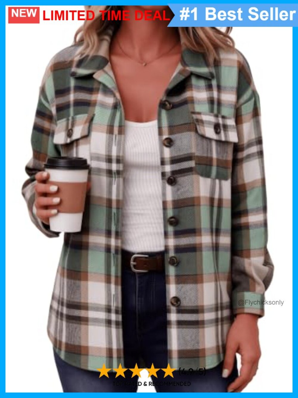 Plaid Flannel Shacket Jacket Button Down Chest Pockets Casual Winter Coat